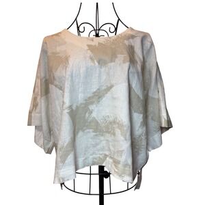 DKNY Pure Linen Blend Abstract Brushstroke Boxy Top Cream Tan Large